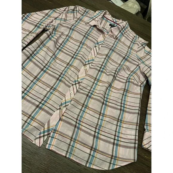 Talbots Plus Shirt Womens 1X Pink Blue Plaid Button Up Top Collared 4976 - Picture 3 of 3